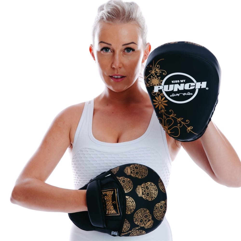 Punch Urban Womens Boxing Focius Pad Gold Skull Art Black with Model