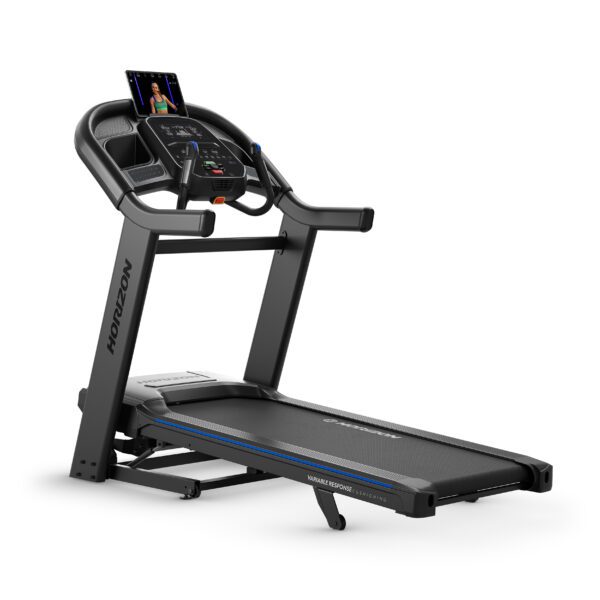 Horizon T7.4AT-24 treadmill inclined with tablet hero